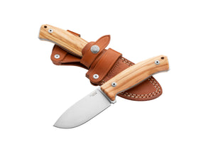 M2M UL Fixed Blade M390 satin blade, Olive wood handle, leather sheath