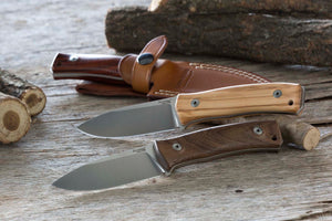 M4 WN- Fixed Blade M390 satin Walnut hwood andle, leather sheath