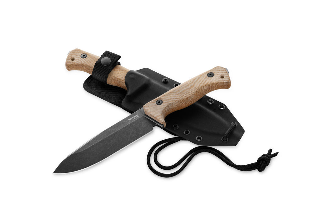 T6B 3V CVN - Fixed blade, CPM 3V OLD BLACK blade, NATURAL CANVAS handle with Kydex sheath